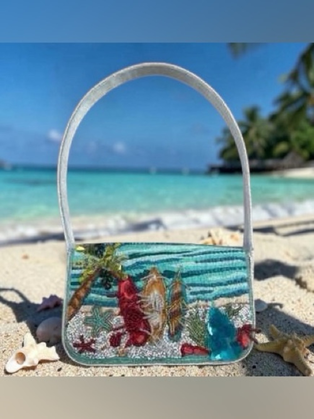 Beaded Ocean Scene shoulder bag w/surf boards and Palm tree